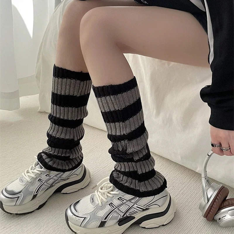 Black Striped Leg Warmers - black gray / One Size