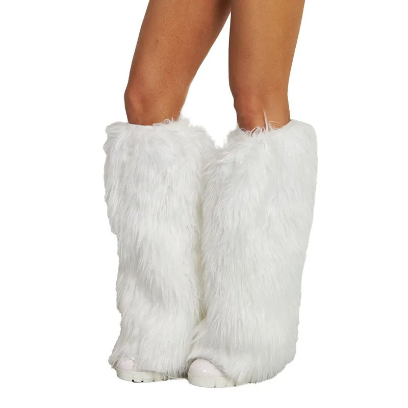 White Fluffy Leg Warmers - White / CHINA / one size